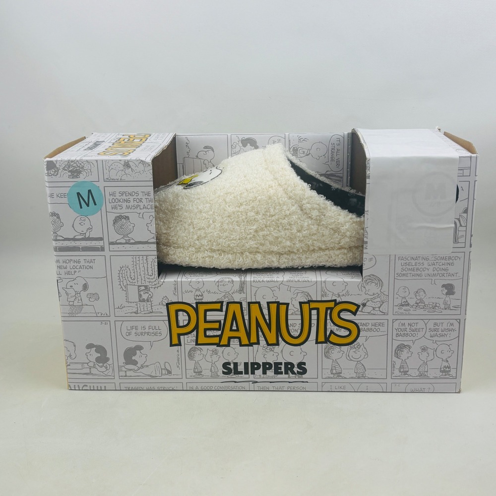 Peanuts Snoopy Woodstock Slippers Womens M 7/8 White Fuzzy Mule Clog Ground Up